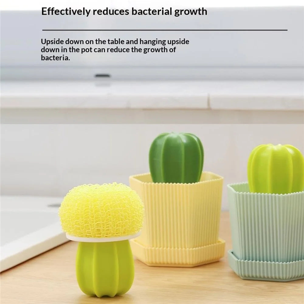 Kitchen Cleaning Brush Set Cactus-Shaped Drainage Holes Nano Scrubber with Storage Holder - Yellow Storage Holder  /  Yellow Brush - 2