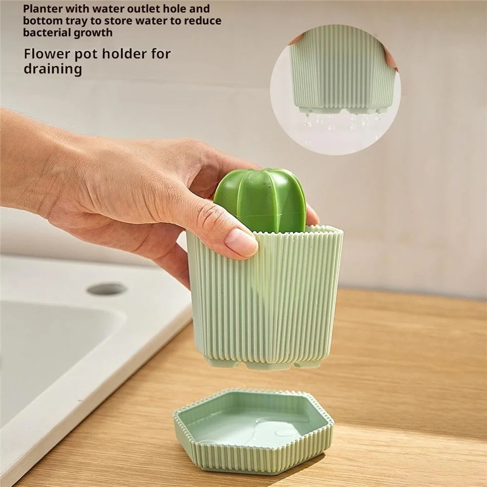 Kitchen Cleaning Brush Set Cactus-Shaped Drainage Holes Nano Scrubber with Storage Holder - Yellow Storage Holder  /  Yellow Brush - 3