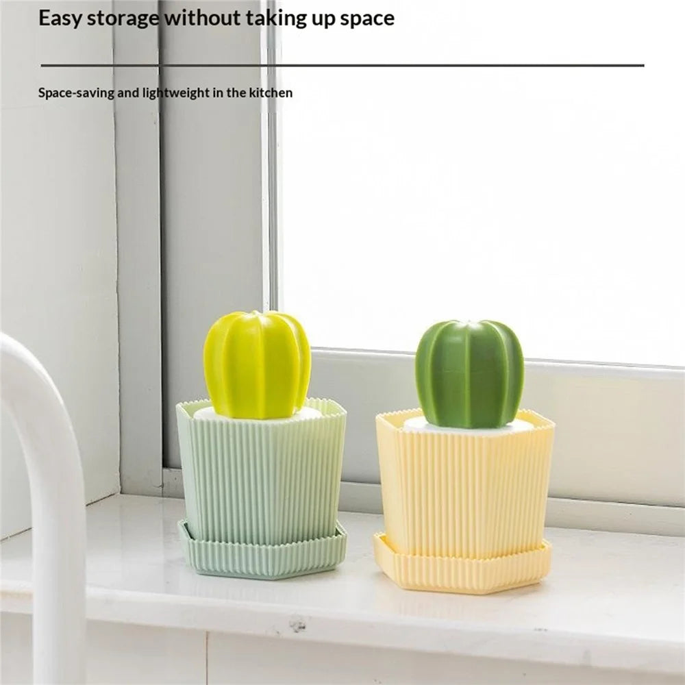 Kitchen Cleaning Brush Set Cactus-Shaped Drainage Holes Nano Scrubber with Storage Holder - Yellow Storage Holder  /  Yellow Brush - 4