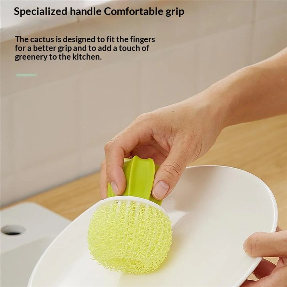 Kitchen Cleaning Brush Set Cactus-Shaped Drainage Holes Nano Scrubber with Storage Holder - Yellow Storage Holder  /  Yellow Brush - 5