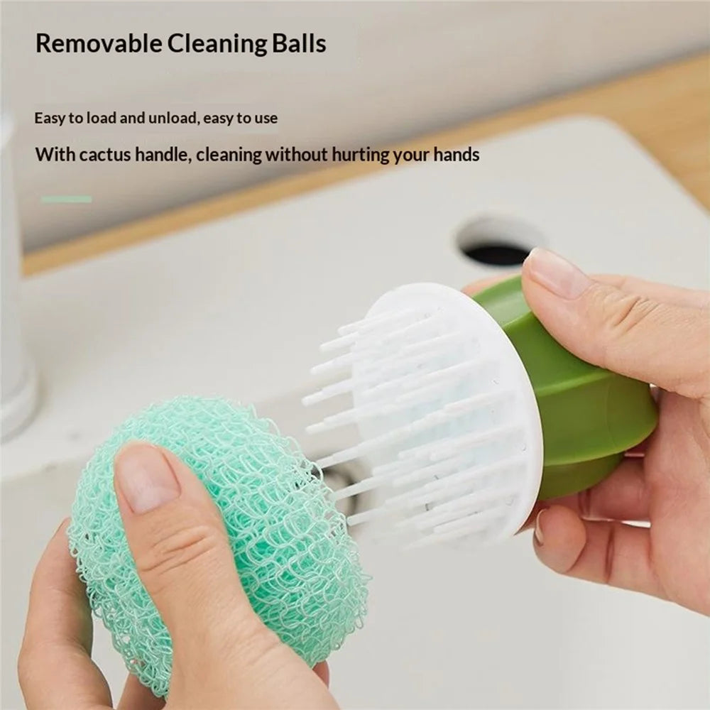 Kitchen Cleaning Brush Set Cactus-Shaped Drainage Holes Nano Scrubber with Storage Holder - Yellow Storage Holder  /  Yellow Brush - 6