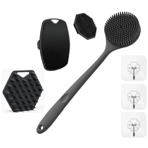 7Pcs Silicone Bath Shower Brush Set Exfoliating Body Scrubber Long Handle Back Brush with Hooks - Black - 1