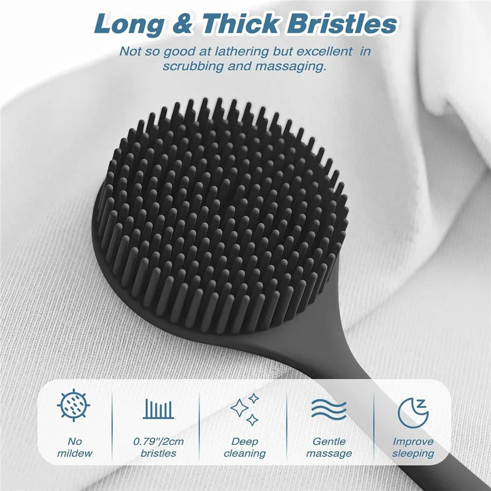 7Pcs Silicone Bath Shower Brush Set Exfoliating Body Scrubber Long Handle Back Brush with Hooks - Black - 3