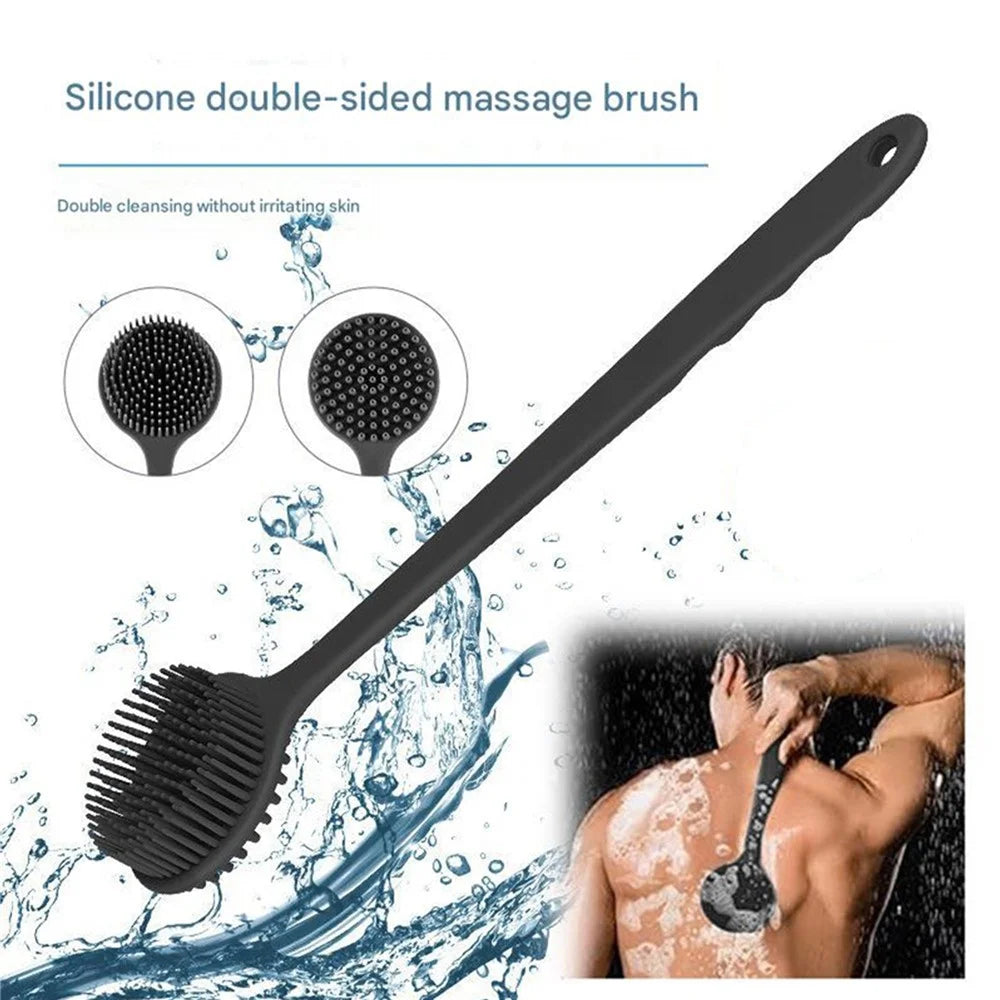 7Pcs Silicone Bath Shower Brush Set Exfoliating Body Scrubber Long Handle Back Brush with Hooks - Black - 7