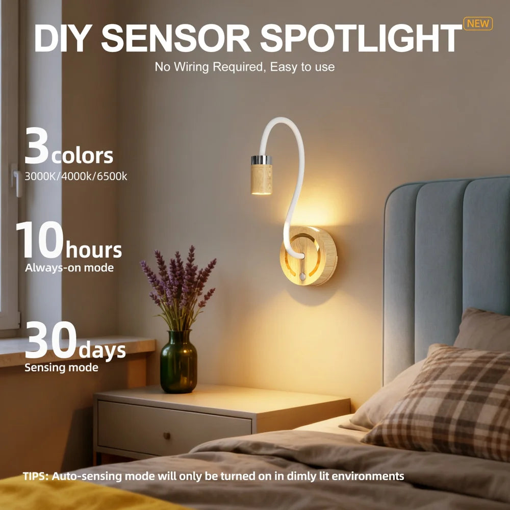 TWL003 2W Wood Grain LED Desktop Night Light Motion Sensor Flexible Arm Rechargeable Wall Lamp - Wood Grain / Tri-Color Dimmable - 3