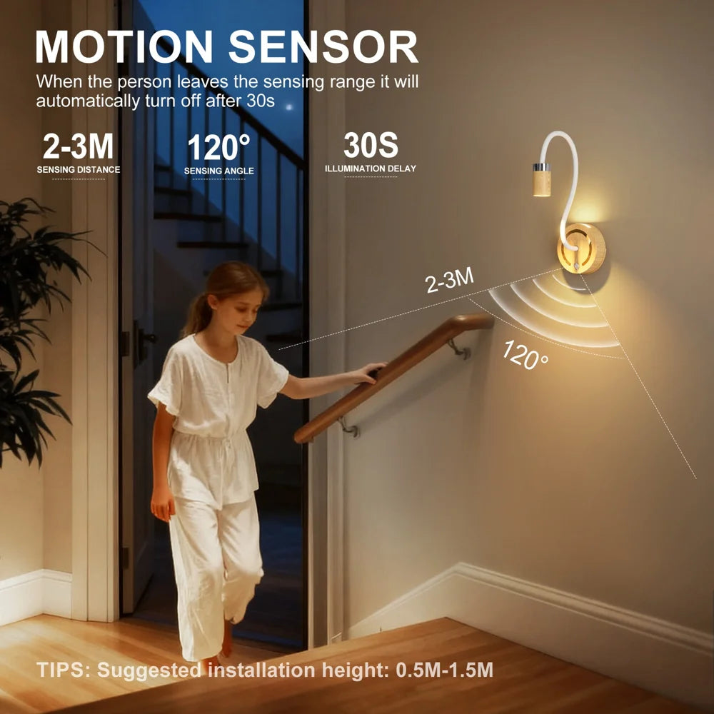 TWL003 2W Wood Grain LED Desktop Night Light Motion Sensor Flexible Arm Rechargeable Wall Lamp - Wood Grain / Tri-Color Dimmable - 4