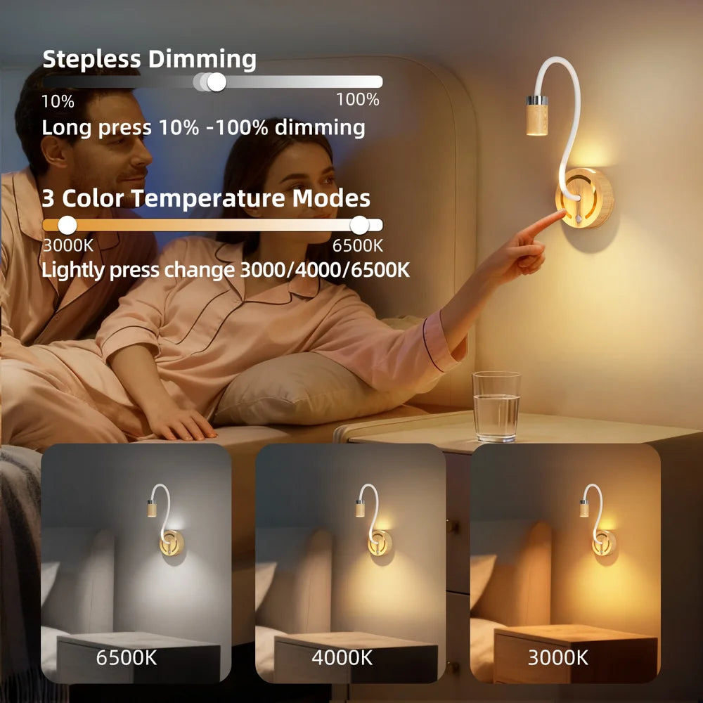 TWL003 2W Wood Grain LED Desktop Night Light Motion Sensor Flexible Arm Rechargeable Wall Lamp - Wood Grain / Tri-Color Dimmable - 6