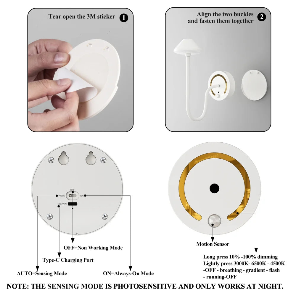 TWL002 3W Motion Sensor Wireless Magnetic Night Light Touch Control Rechargeable RGB LED Bedside Lamp - White - 7