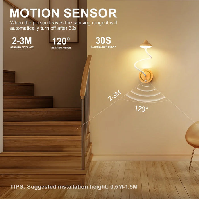 TWL001 Wood Grain Touch Control LED Wall Light Rechargeable DIY Flexible Arm Motion Sensor Night Light - 3W|Wood Grain - 4