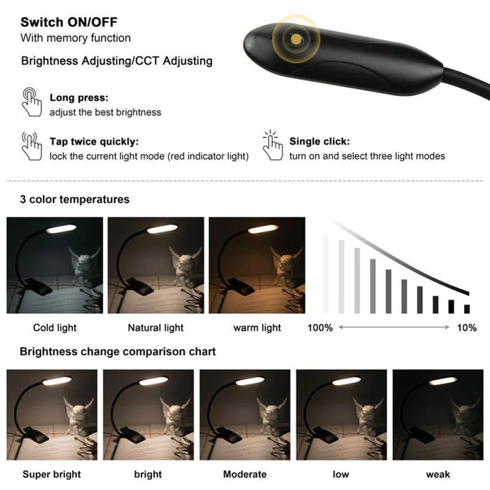 HL-TJ8010A-18 3W Clip-on LED Reading Lamp Eye Protection 3 Color Modes Dimmable Study Light - Black - 4