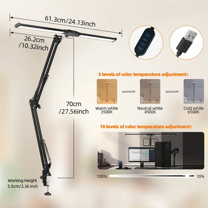 HL-DL8012A-10 Dual Head LED Desk Lamp 3 Color Temperature 10 Levels Dimming USB Powered Clamp Reading Light - Black - 5