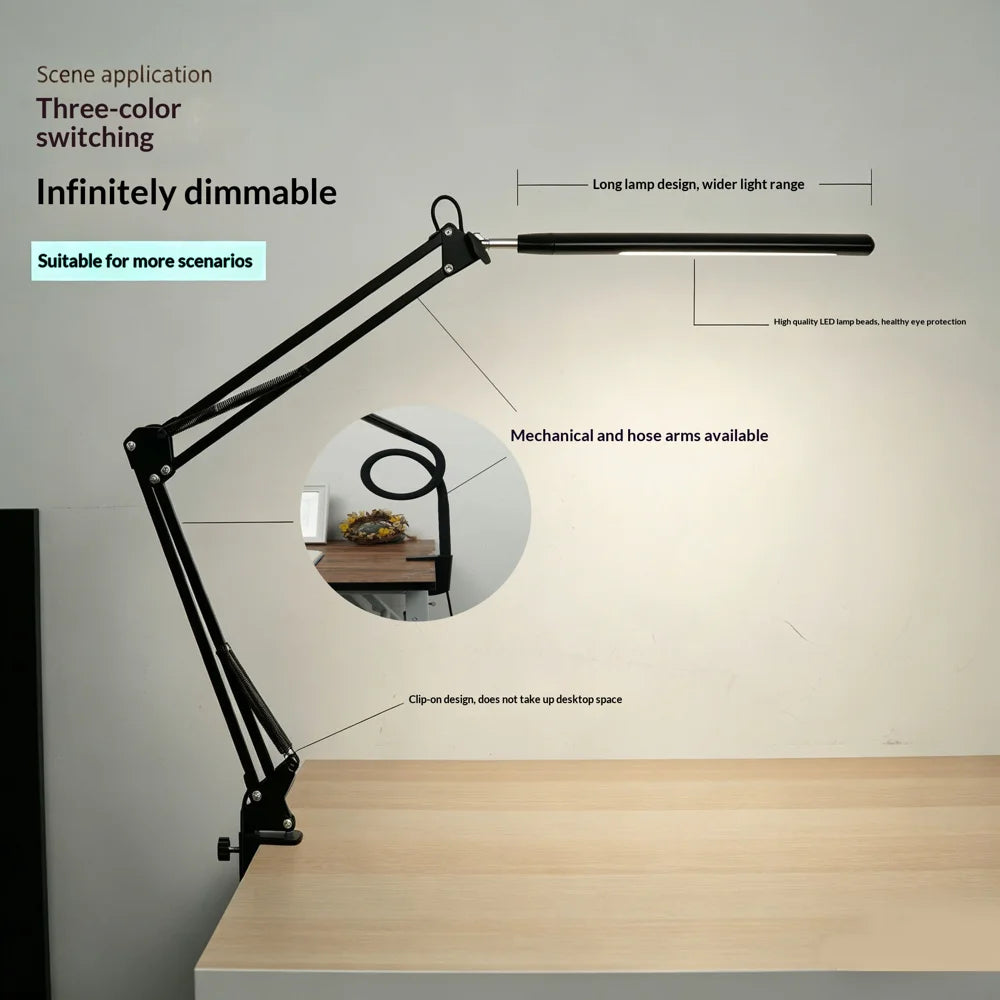 HL-TJ8010A-13 USB Powered Clip On Desk Lamp 3 Color Modes 10 Levels Dimming Eye Care LED Table Light - Rocker Arm/Black - 2