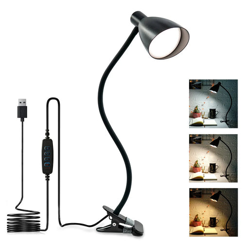 HL-TJ8010A-11 LED Clip-on Desk Lamp USB Powered Reading Light 3 Color Temperature Eye Protection for Study Bedroom - Black - 1