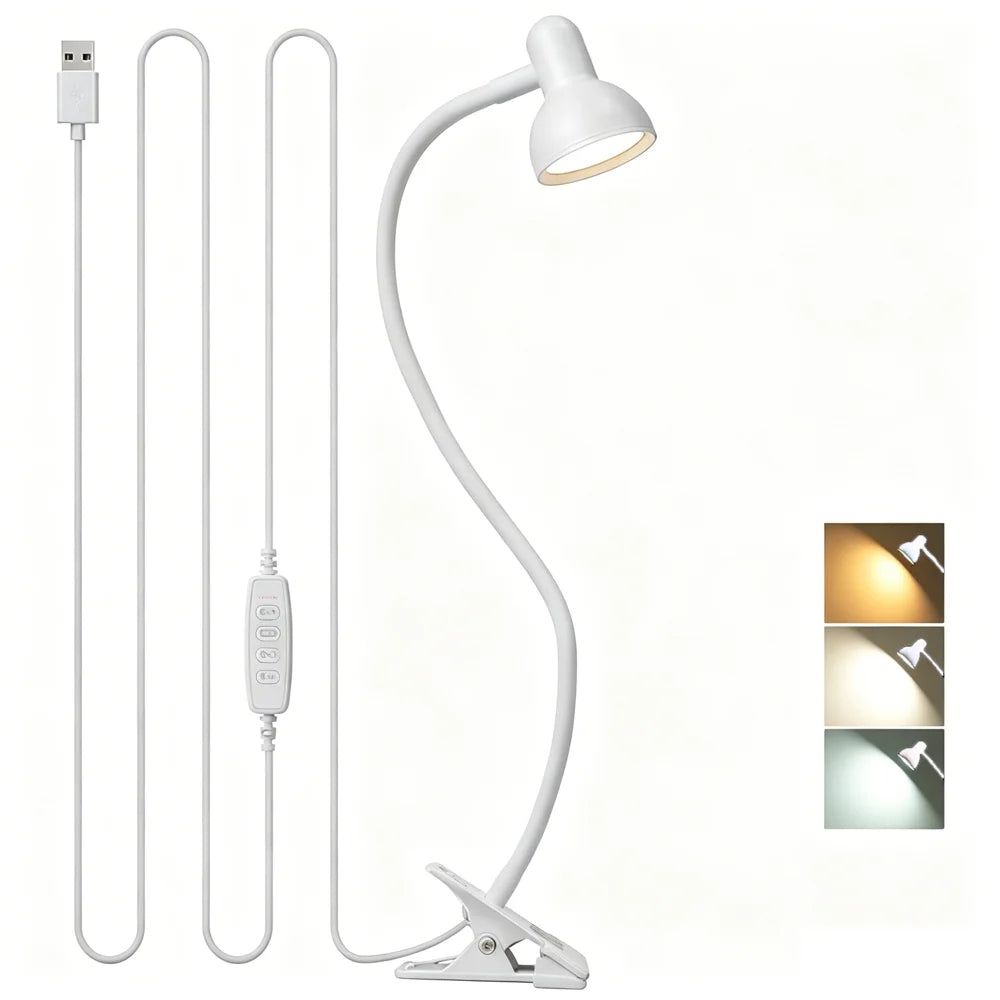 HL-TJ8010A-7 USB Clip Desk Lamp Flexible Arm LED Reading Light 3 Color Temperature 10-Level Dimming for Bedroom Study - White - 1
