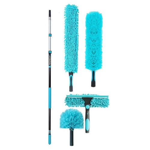 EXTENTOOL 4Pcs Dusting Kit with 3.6m Telescopic Aluminum Alloy Pole Microfiber Chenille Duster Spider Web Brush Glass Squeegee Cleaning Tool for High Ceiling - 1