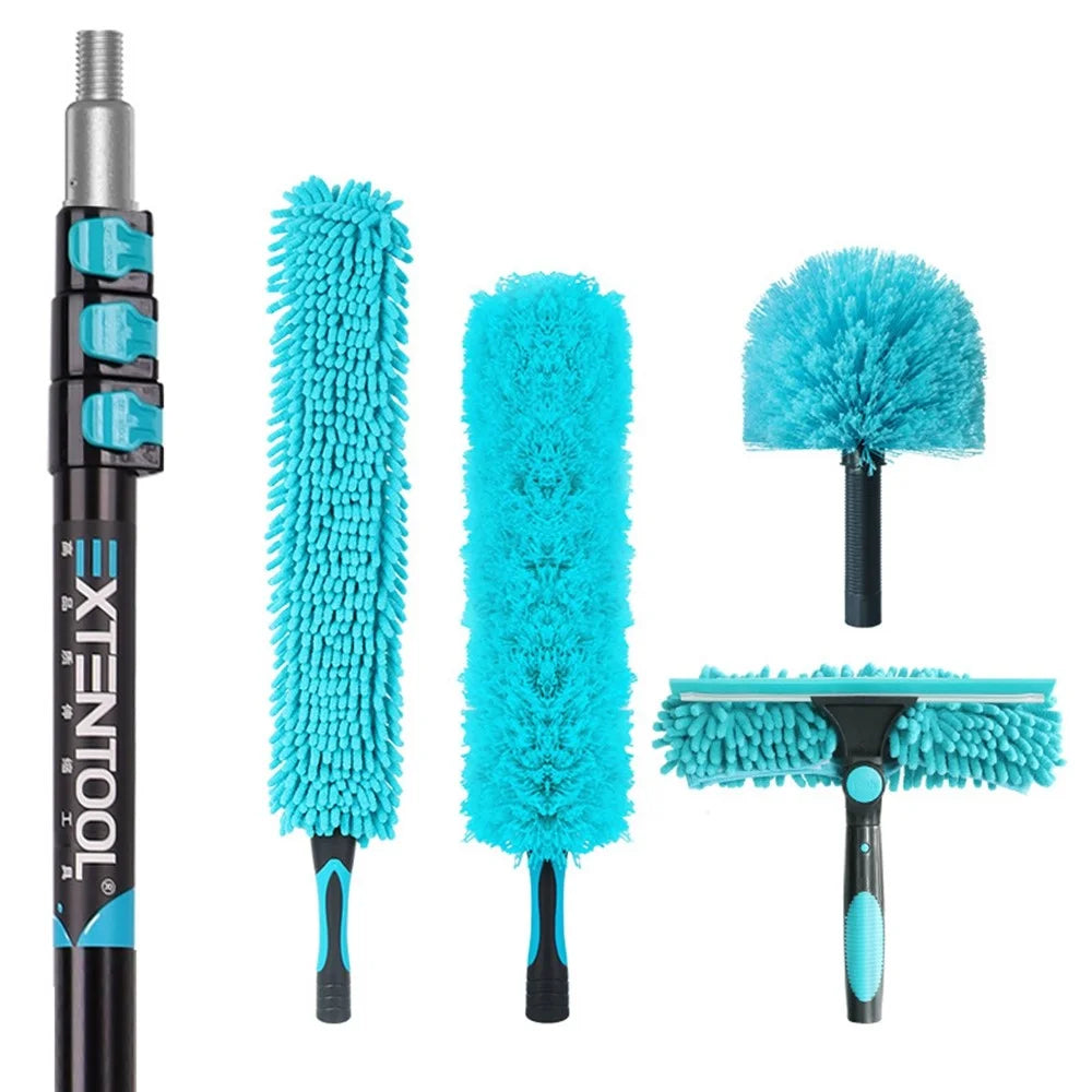 EXTENTOOL 4Pcs Dusting Kit with 3.6m Telescopic Aluminum Alloy Pole Microfiber Chenille Duster Spider Web Brush Glass Squeegee Cleaning Tool for High Ceiling - 2