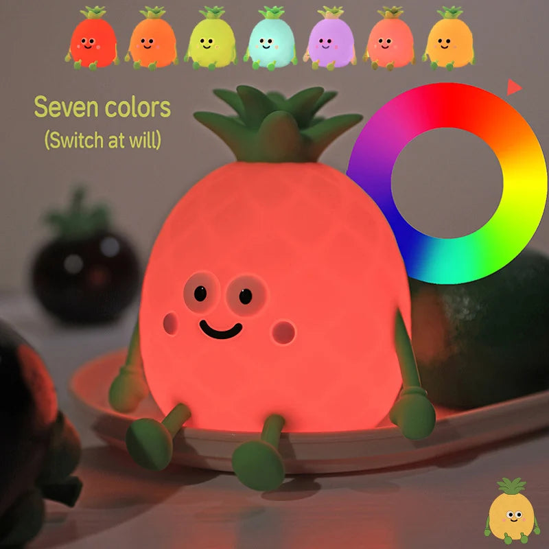 Pineapple Silicone Night Light RGB Color Changing Tap Lamp USB-C Rechargeable for Kids - Yellow - 5