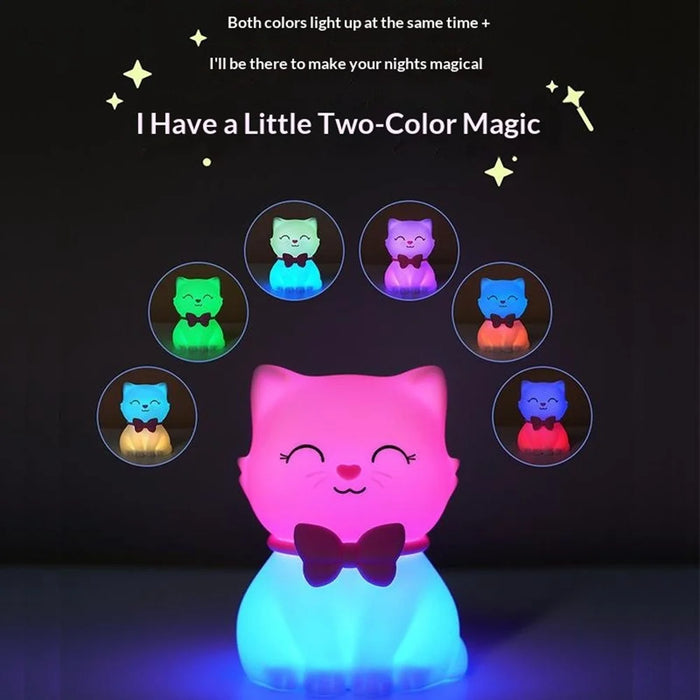 Cat Shape Silicone Night Light 1200mAh USB-C Rechargeable 7-Color Touch LED Lamp for Kids Bedroom - 2