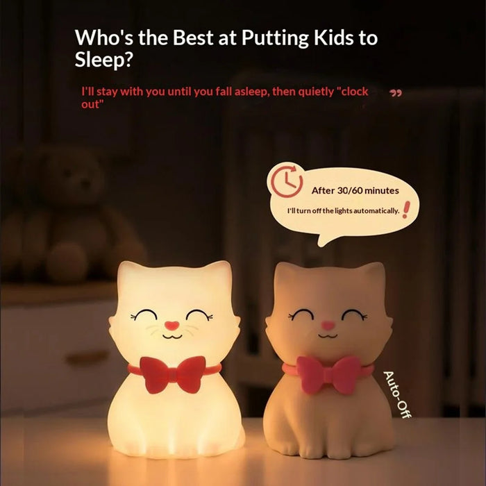Cat Shape Silicone Night Light 1200mAh USB-C Rechargeable 7-Color Touch LED Lamp for Kids Bedroom - 4