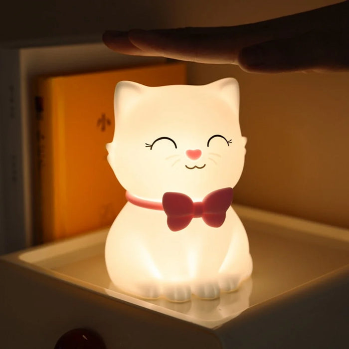 Cat Shape Silicone Night Light 1200mAh USB-C Rechargeable 7-Color Touch LED Lamp for Kids Bedroom - 6