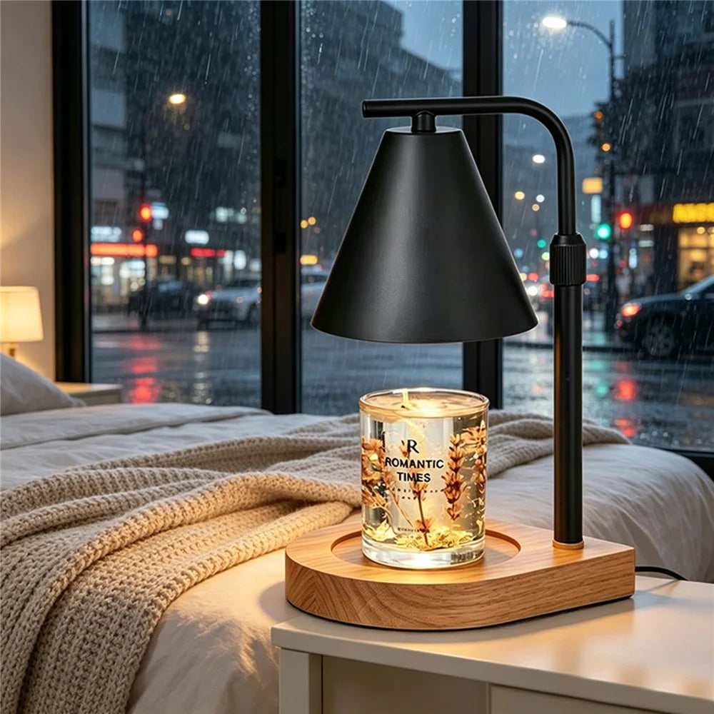 Solid Wood Candle Warmer Lamp Dimmable Timer 2H / 4H / 8H Electric Wax Melter for Home - Black Lampshade+Solid Wood Base (EU Plug) - 3
