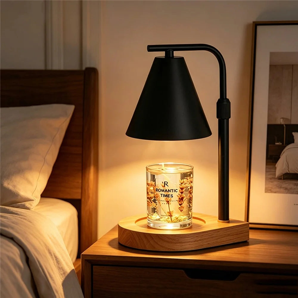 Solid Wood Candle Warmer Lamp Dimmable Timer 2H / 4H / 8H Electric Wax Melter for Home - Black Lampshade+Solid Wood Base (EU Plug) - 4