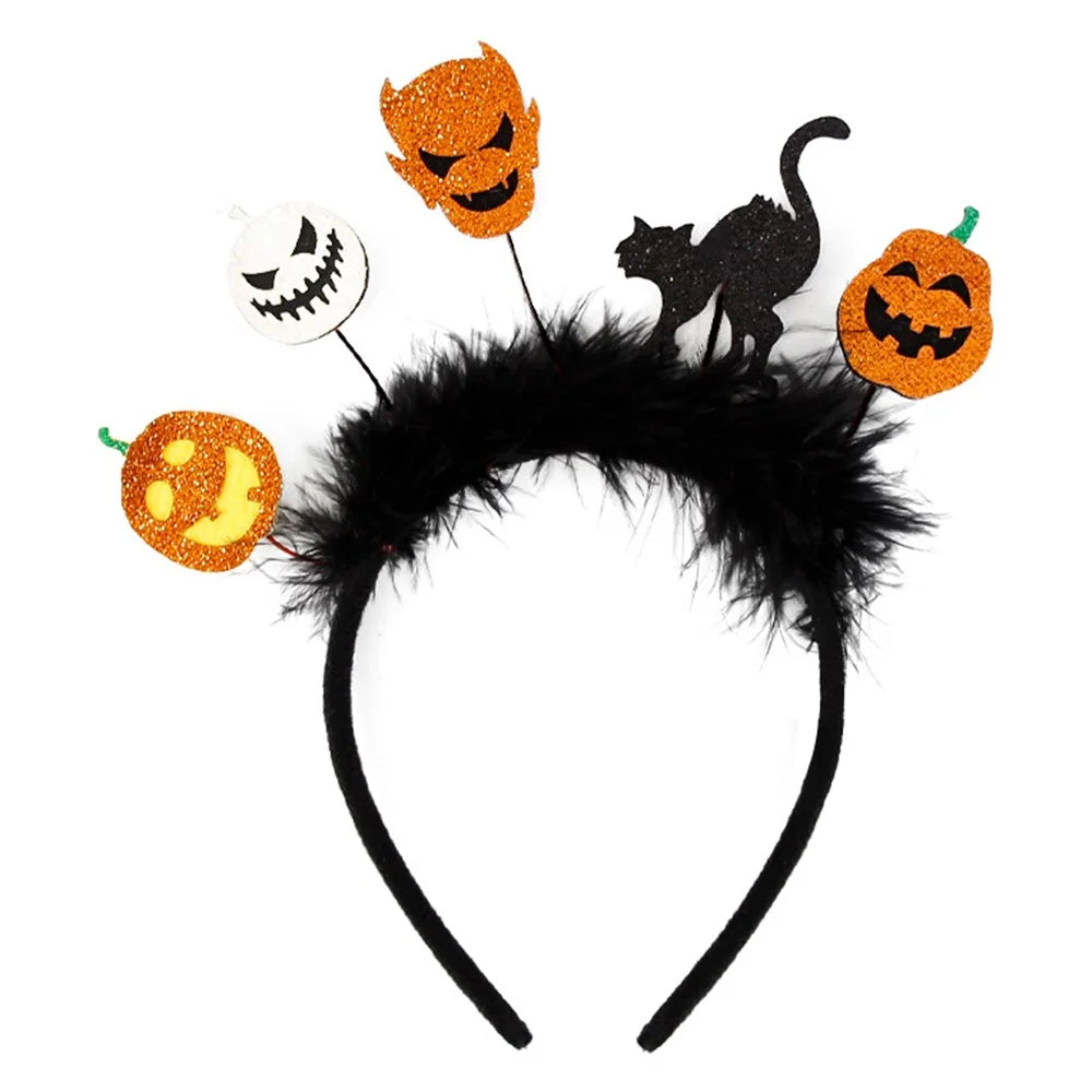 Halloween Pumpkin Spider Skeleton Hairband Festival Costume Masquerade Headband Hair Ornament - Demon+Cat / Black Feather - 1