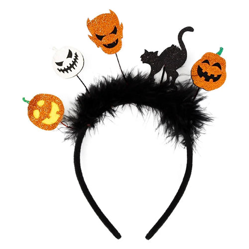 Halloween Pumpkin Spider Skeleton Hairband Festival Costume Masquerade Headband Hair Ornament - Demon+Cat / Black Feather - 1