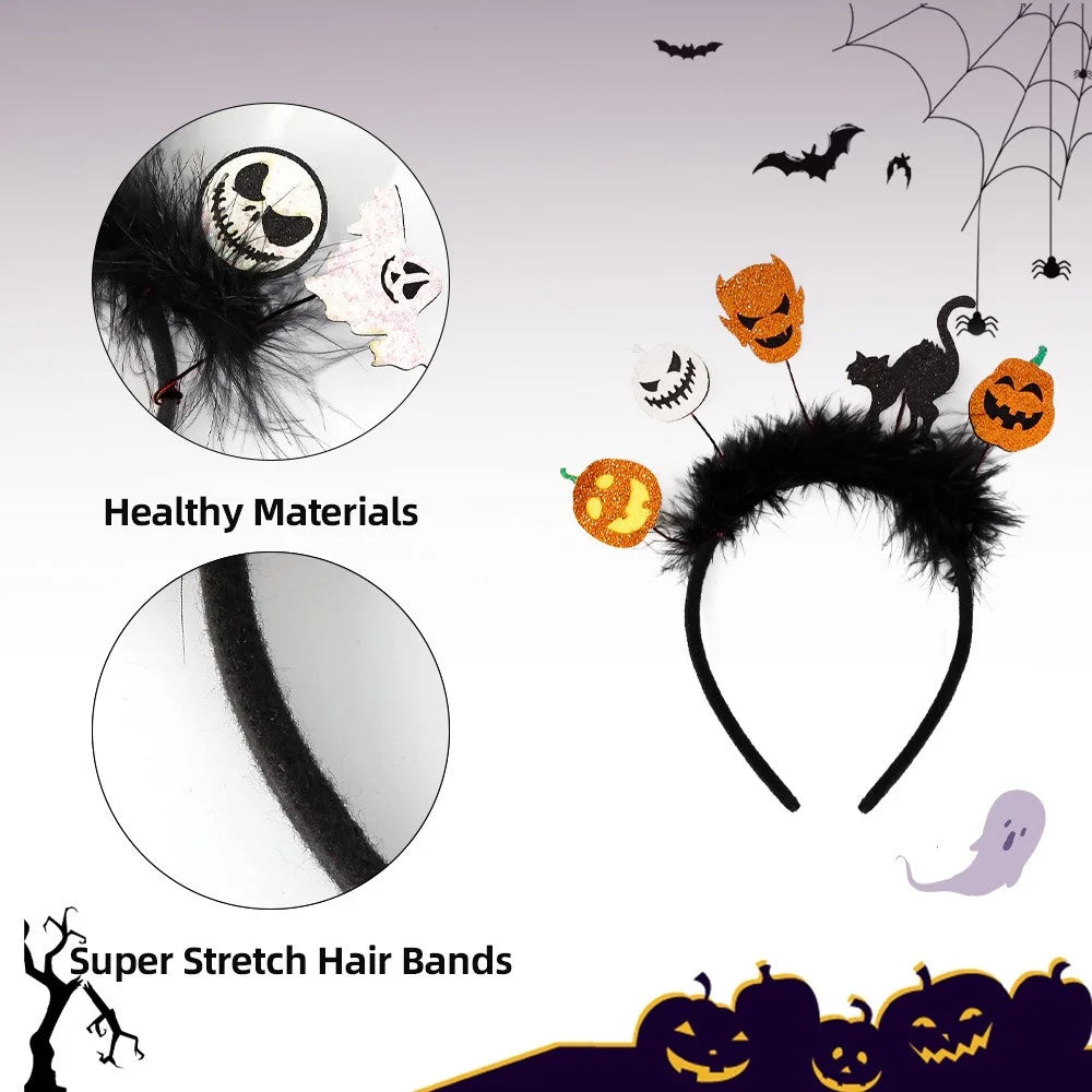 Halloween Pumpkin Spider Skeleton Hairband Festival Costume Masquerade Headband Hair Ornament - Demon+Cat / Black Feather - 2