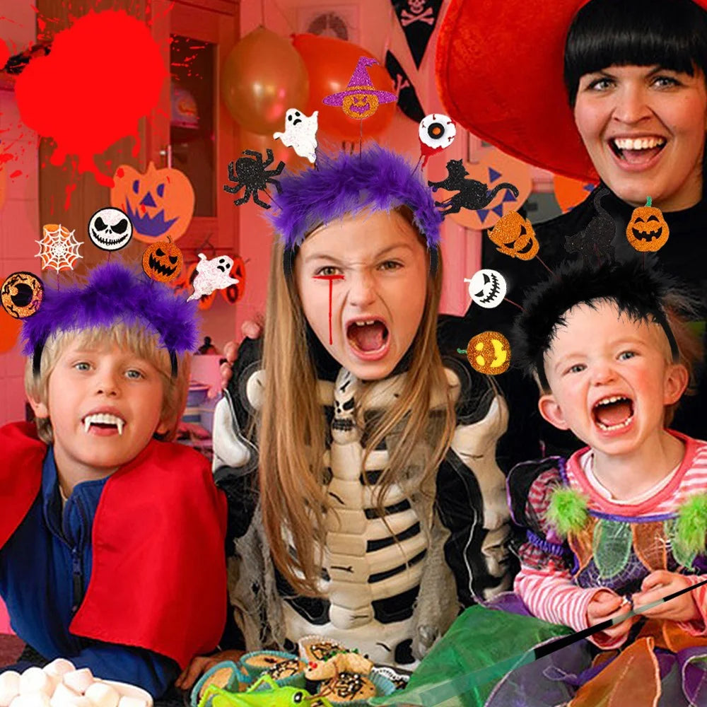 Halloween Pumpkin Spider Skeleton Hairband Festival Costume Masquerade Headband Hair Ornament - Demon+Cat / Black Feather - 3