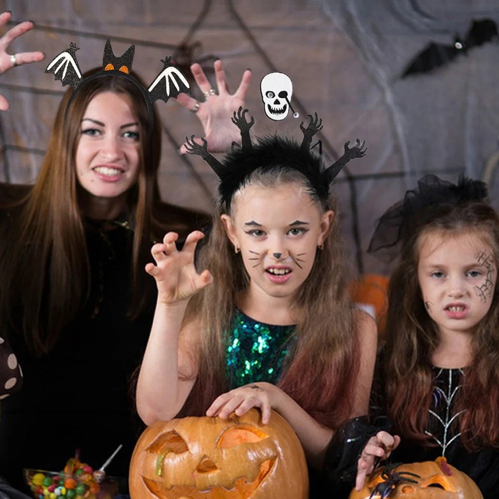Halloween Pumpkin Spider Skeleton Hairband Festival Costume Masquerade Headband Hair Ornament - Demon+Cat / Black Feather - 4