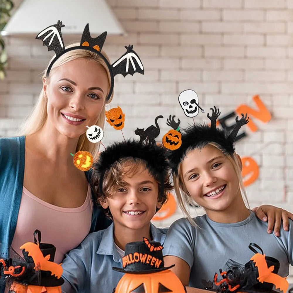 Halloween Pumpkin Spider Skeleton Hairband Festival Costume Masquerade Headband Hair Ornament - Demon+Cat / Black Feather - 5