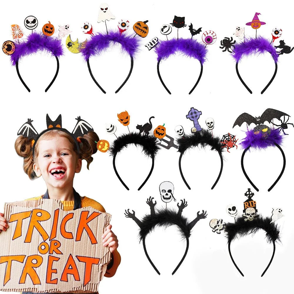 Halloween Pumpkin Spider Skeleton Hairband Festival Costume Masquerade Headband Hair Ornament - Demon+Cat / Black Feather - 7
