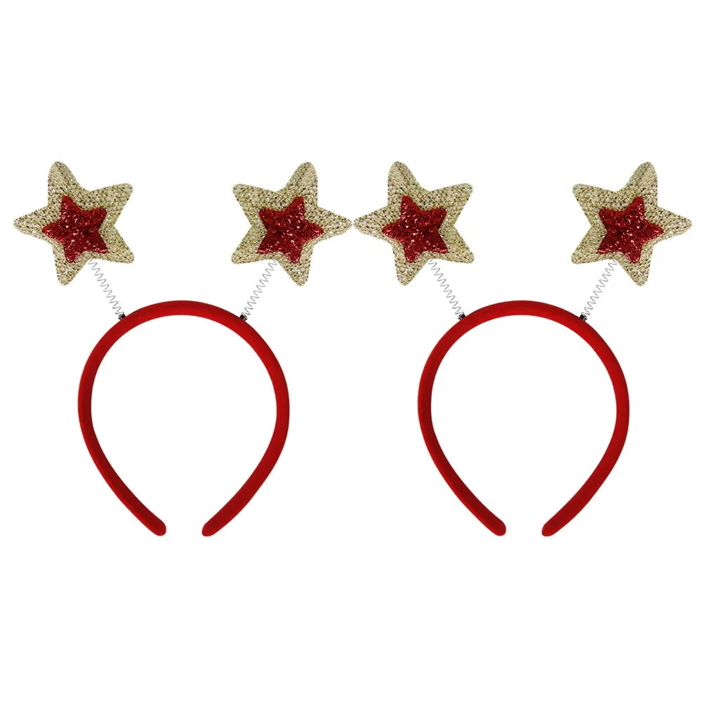 2Pcs Christmas Headbands for Children Deer Hairband Xmas Tree Hair Hoops Headpiece Accessories - Red / Gold Pentagram - 1