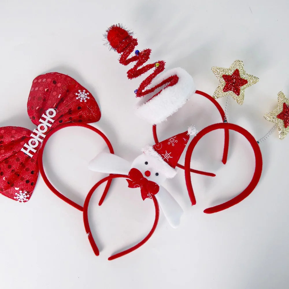 2Pcs Christmas Headbands for Children Deer Hairband Xmas Tree Hair Hoops Headpiece Accessories - Red / Gold Pentagram - 3