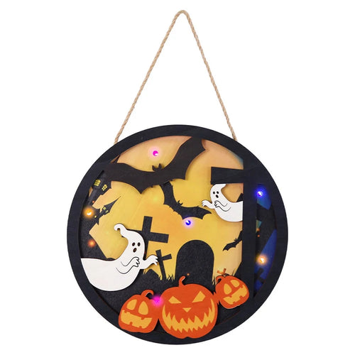Halloween LED Light Up Door Sign Hanging Decoration Welcome Sign Decor for Home - Ghost+Pumpkin+Tombstone - 1