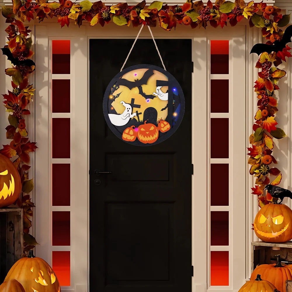 Halloween LED Light Up Door Sign Hanging Decoration Welcome Sign Decor for Home - Ghost+Pumpkin+Tombstone - 2