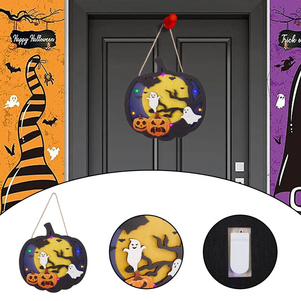 Halloween LED Light Up Door Sign Hanging Decoration Welcome Sign Decor for Home - Ghost+Pumpkin+Tombstone - 5