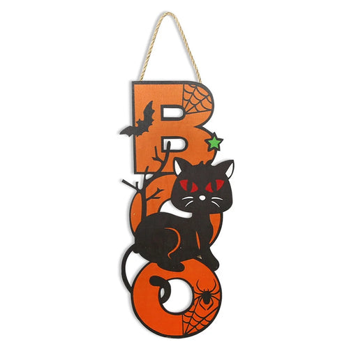Halloween Wooden Hanging Ornament Pumpkin Bat Ghost Door Wall Party Decoration - BOO Cat - 1