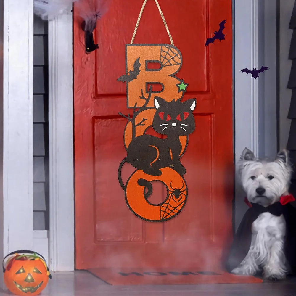 Halloween Wooden Hanging Ornament Pumpkin Bat Ghost Door Wall Party Decoration - BOO Cat - 2