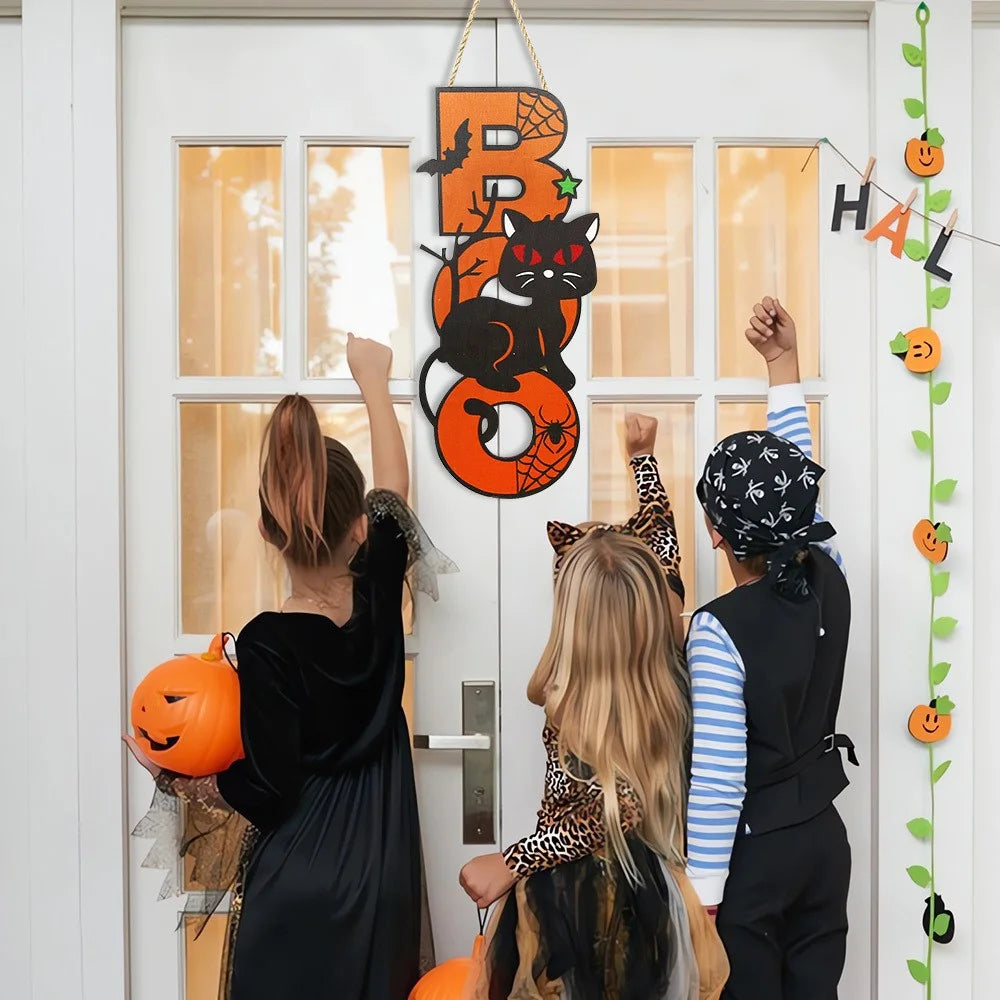 Halloween Wooden Hanging Ornament Pumpkin Bat Ghost Door Wall Party Decoration - BOO Cat - 3