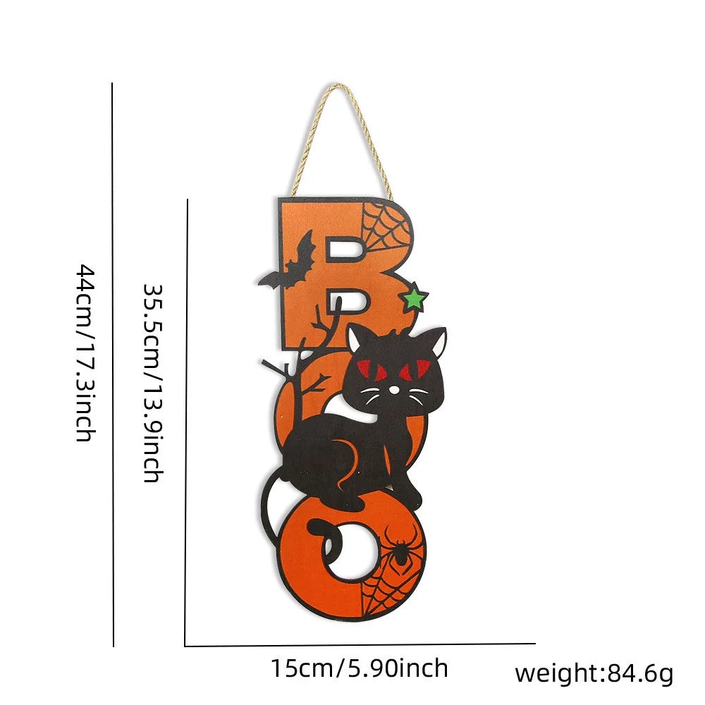 Halloween Wooden Hanging Ornament Pumpkin Bat Ghost Door Wall Party Decoration - BOO Cat - 5