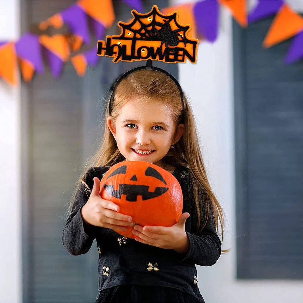 2Pcs / Set LED Light Halloween Hair Hoop Spider Web Pumpkin Glowing Headband Party Costume - Yellow Cobweb - 2