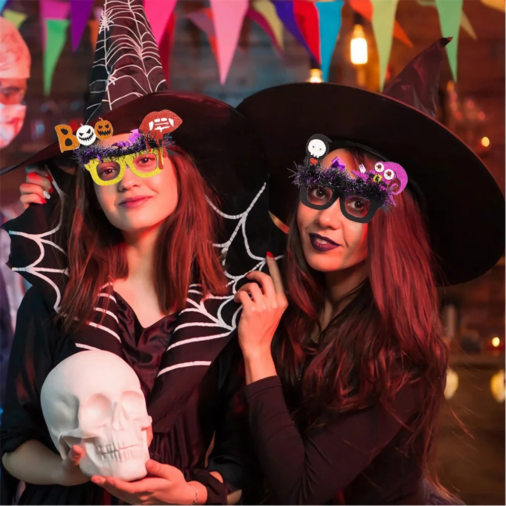 5Pcs / Set Halloween Eyeglasses Tinsel Decor Pumpkin Ghost Skull Halloween Party Glasses Eyewear - Witch Hat and Skull - 3