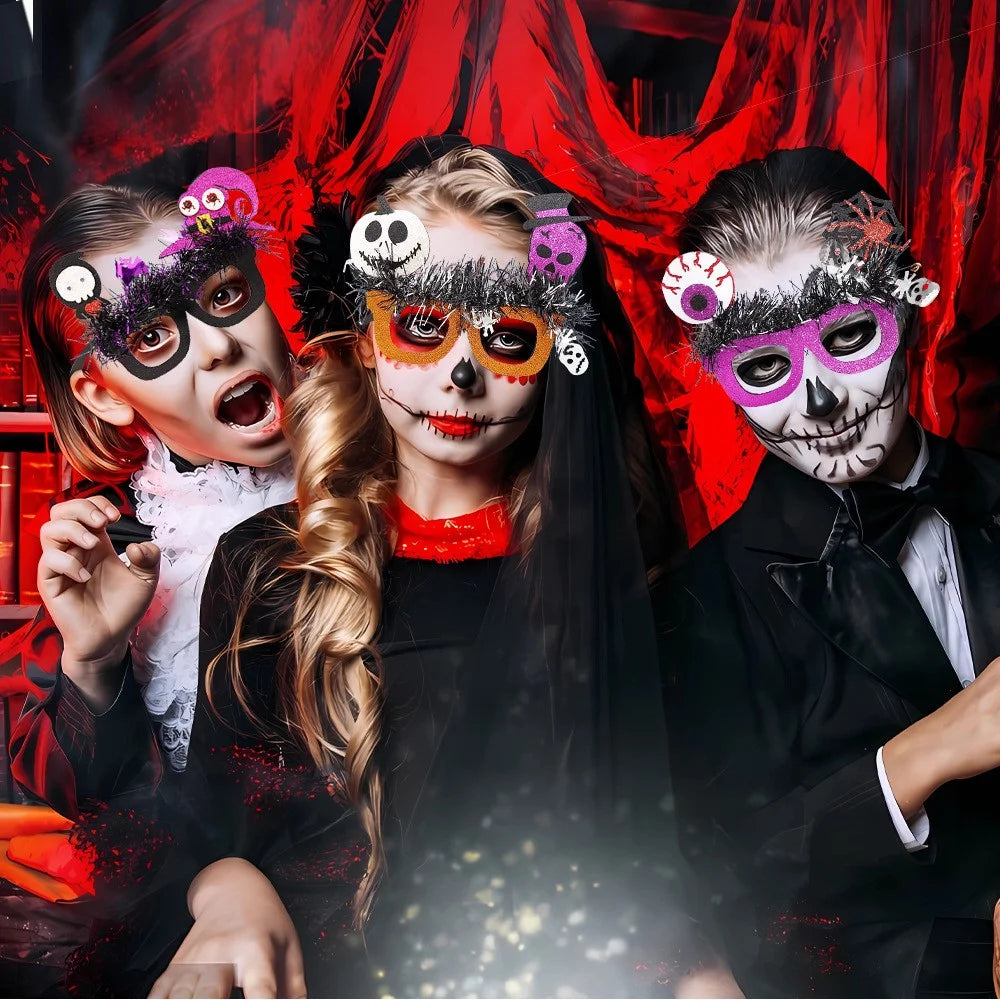 5Pcs / Set Halloween Eyeglasses Tinsel Decor Pumpkin Ghost Skull Halloween Party Glasses Eyewear - Witch Hat and Skull - 5