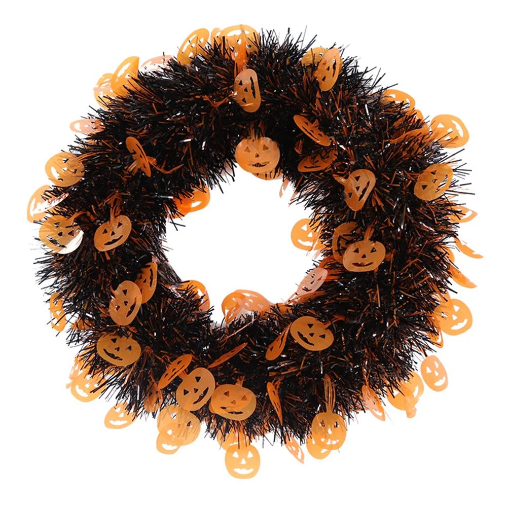 Halloween Wreath Pumpkin Bat Skull Wreath Front Door Wall Hanging Decoration - Orange Pumpkin - 1