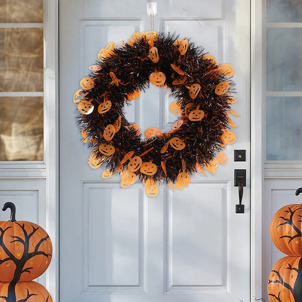 Halloween Wreath Pumpkin Bat Skull Wreath Front Door Wall Hanging Decoration - Orange Pumpkin - 2