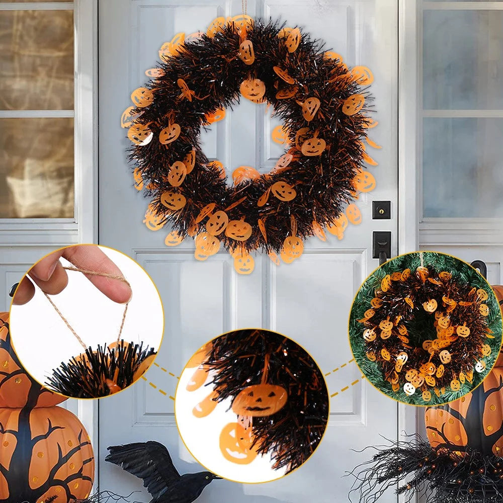 Halloween Wreath Pumpkin Bat Skull Wreath Front Door Wall Hanging Decoration - Orange Pumpkin - 3