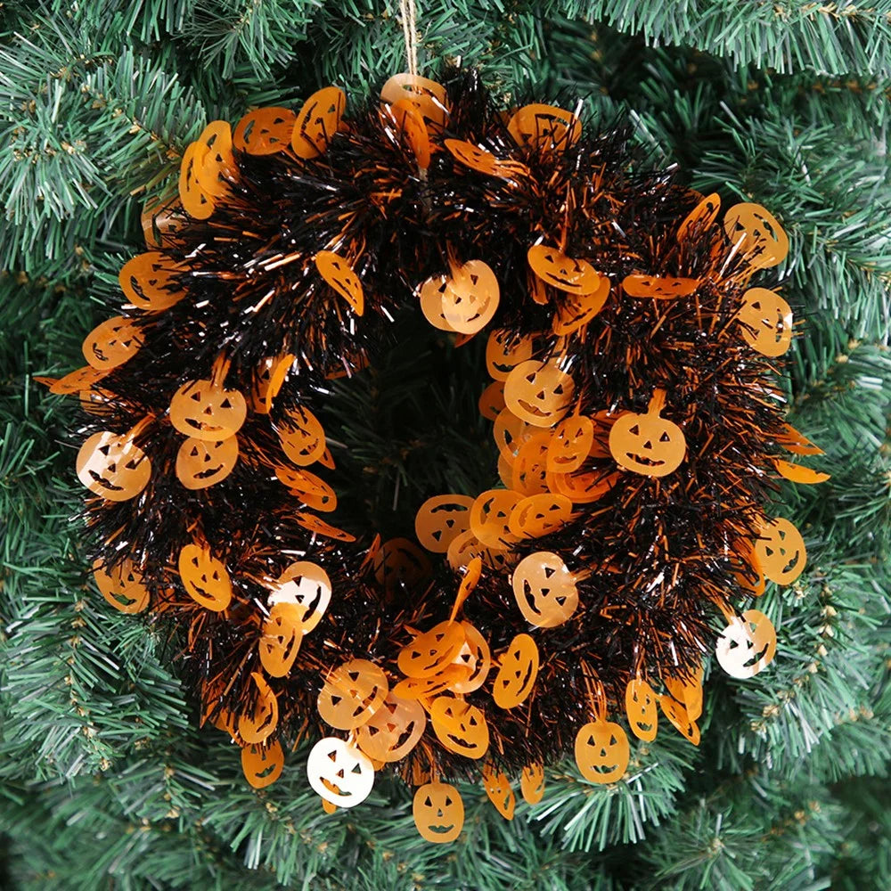 Halloween Wreath Pumpkin Bat Skull Wreath Front Door Wall Hanging Decoration - Orange Pumpkin - 4