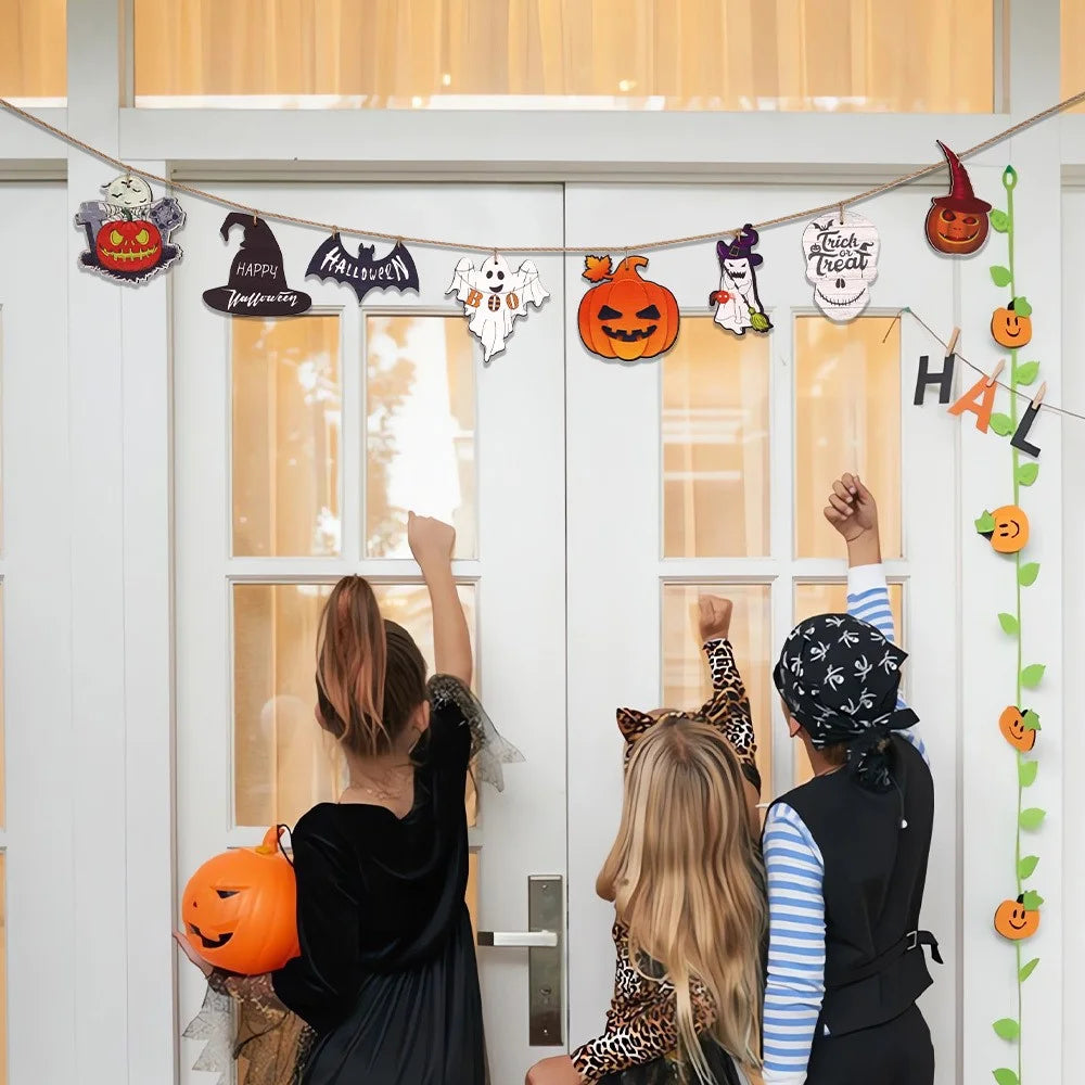 8Pcs / Set Halloween Wooden Slices Pumpkin Ghost Skull Banner Hanging Ornament Pendant - 3